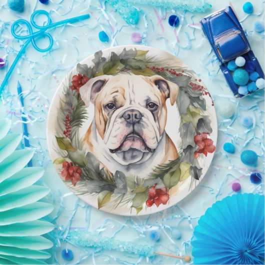 Bulldog Kerstkrans feestelijke pup Papieren Bordje (Feest)