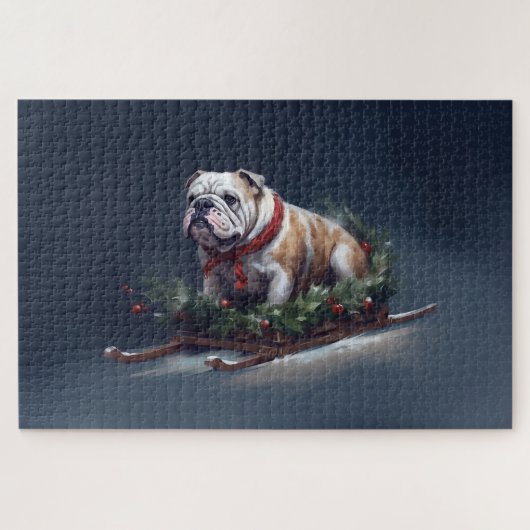 Bulldog Kerstmis sneeuw winter Legpuzzel (Horizontaal)
