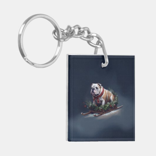 Bulldog Kerstmis sneeuw winter Sleutelhanger (Voorkant Links)