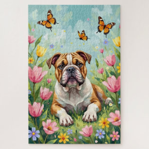 Bulldog Lente Tuin Schattig Bloemig Hond Legpuzzel
