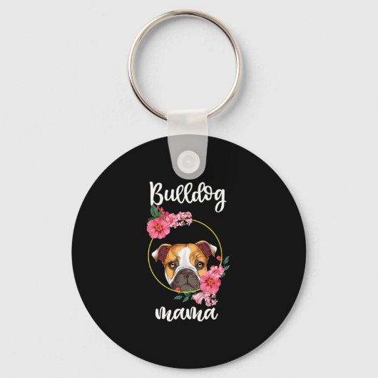 Bulldog Mama Hond Mam Floral Sleutelhanger (Voorkant)