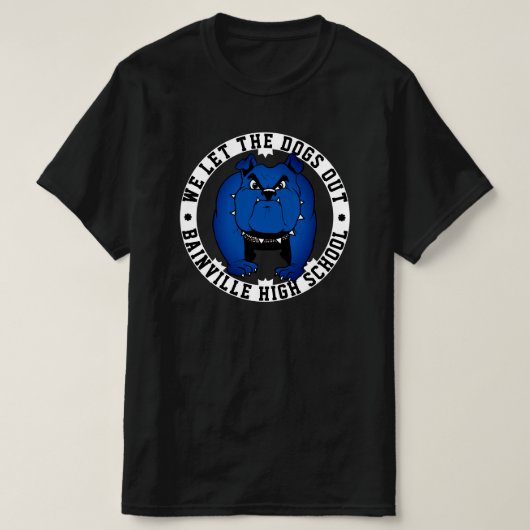 Bulldog mascotte We laten de honden uit school spo T-shirt (Design voorkant)