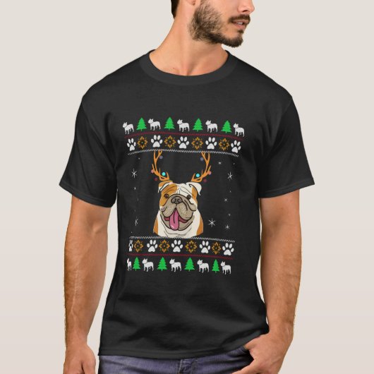 Bulldog met Antlers tijdens een feestelijke kerst T-shirt (Voorkant)