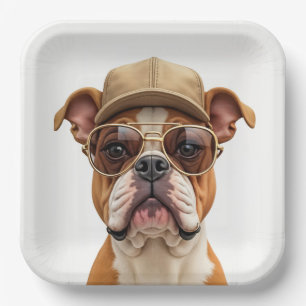 Bulldog met een Pet en een zonnebril Papieren Bordje