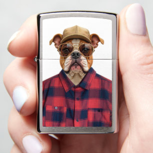 Bulldog met hoed en flanellen overhemd