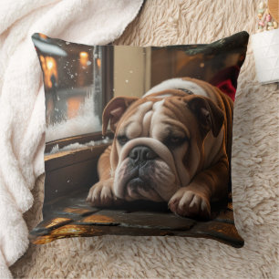 Bulldog met Kerstverlichting Vakantie Kussen