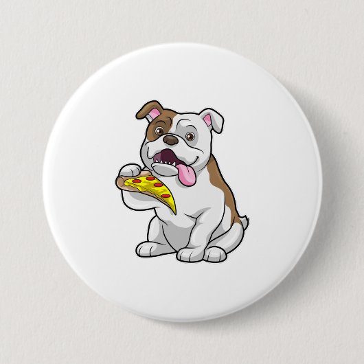 Bulldog met stuk Pizza Ronde Button 7,6 Cm (Voorkant)