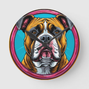 Bulldog omlijst door een cirkelvormig decoratief o ronde klok