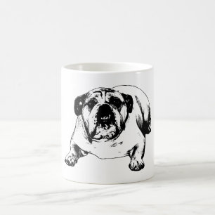 Bulldog onverstoorbaar door sneeuw koffiemok
