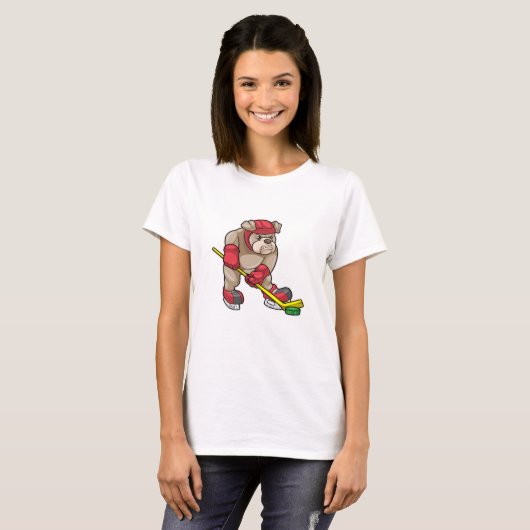 Bulldog op Ice hockey met Ice hockey stick T-shirt (Voorkant volledig)