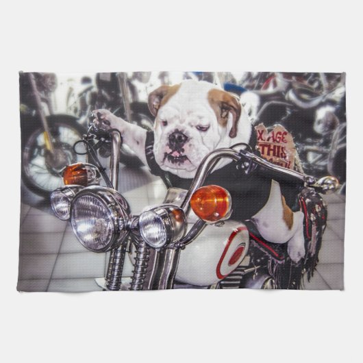 Bulldog op motorfiets theedoek (Horizontaal)