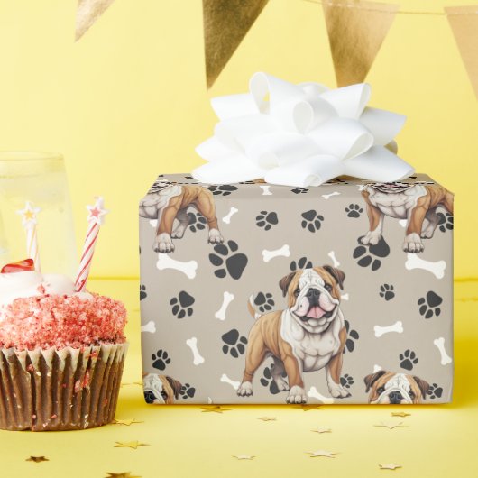 Bulldog Paw Print en Bone Pattern Cadeaupapier (Verjaardagsfeest)