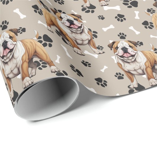 Bulldog Paw Print en Bone Pattern Cadeaupapier (Rol Hoek)