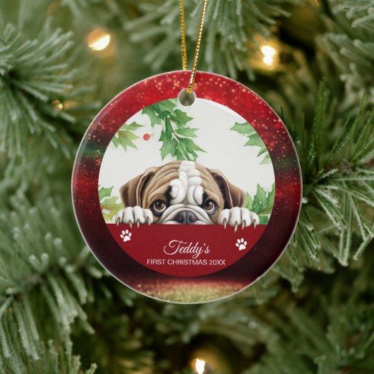 Bulldog Persoonlijke Eerste Kerstmis Keramisch Ornament (Boom)