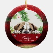 Bulldog Persoonlijke Eerste Kerstmis Keramisch Ornament (Achterkant)