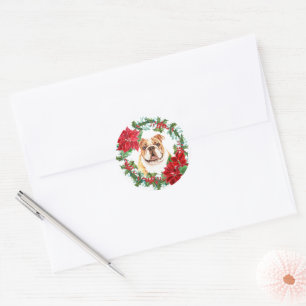 Bulldog Poinsettia Holly Berry Kerstkrans Ronde Sticker