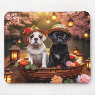 Bulldog & Pug Puppies in Bloemenschuit Muismat
