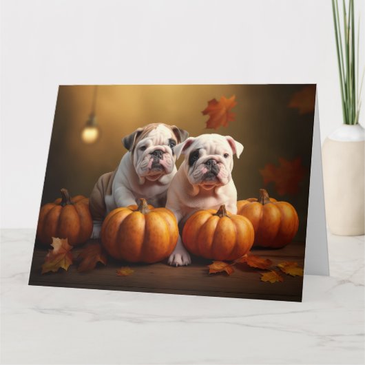 Bulldog Puppy Herfst Delight Pompoen Kaart (Voorkant)