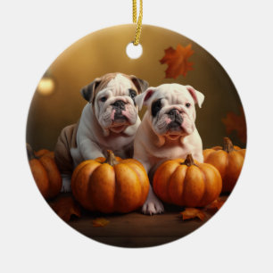 Bulldog Puppy Herfst Delight Pompoen Keramisch Ornament