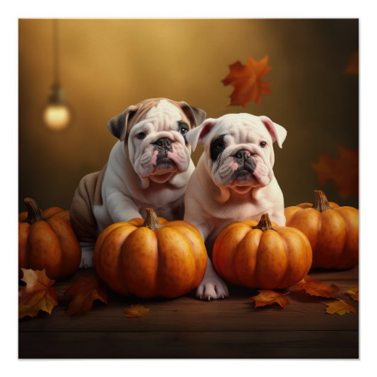 Bulldog Puppy Herfst Delight Pompoen Perfect Poster (Voorkant)