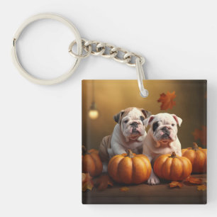 Bulldog Puppy Herfst Plezier Pompoen Sleutelhanger