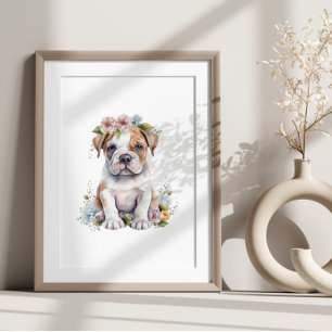 Bulldog Puppy Pet Waterverf Flower Poster