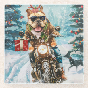 Bulldog rijden motorfiets kerst glazen onderzetter