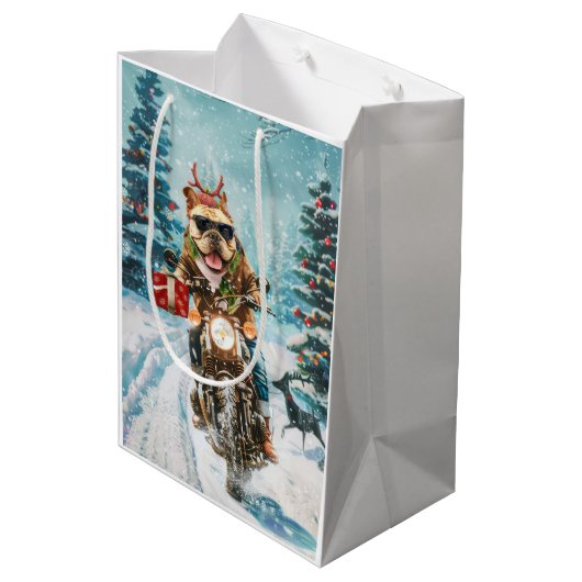 Bulldog rijden motorfiets kerst medium cadeauzakje (Achterkant Gekanteld)