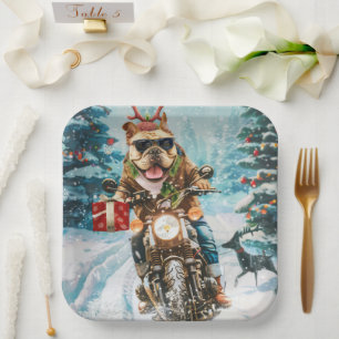 Bulldog rijdt op motorfiets met Kerstmis Papieren Bordje