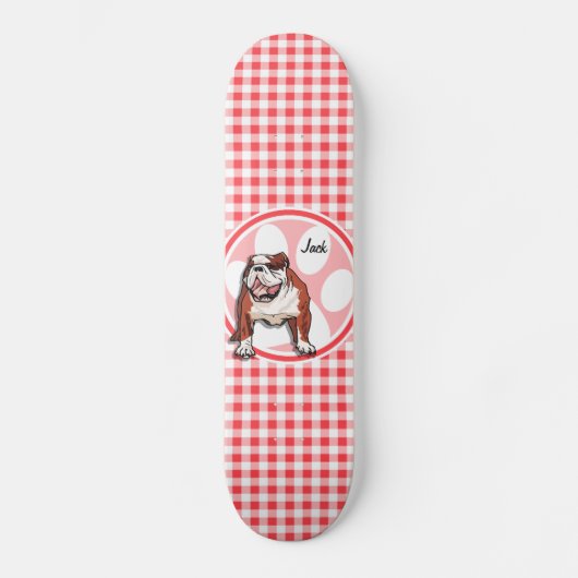 Bulldog; rode en witte gingham skateboard (Voorkant)