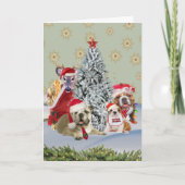 Bulldog Santa familie rond de kerstboom Feestdagen Kaart (Voorkant)