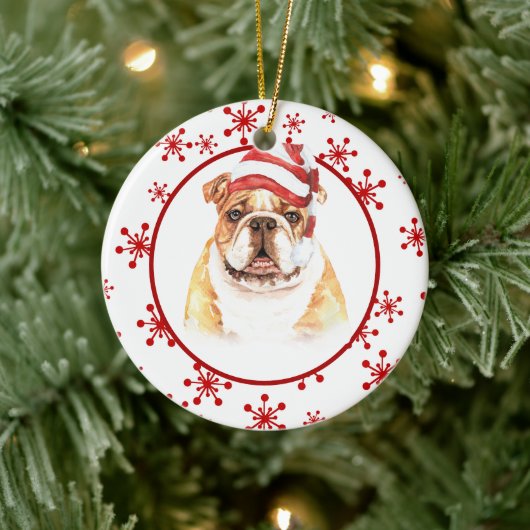Bulldog Santa Hat Red Snowflake Kerstmis Keramisch Ornament (Boom)
