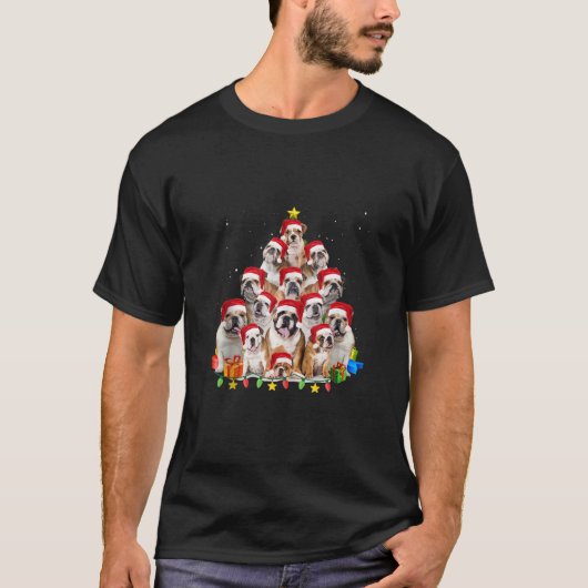 Bulldog Santa kerstboom verlichting jongens meisje T-shirt (Voorkant)