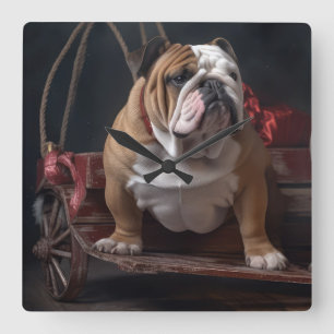 Bulldog Sneeuw Slede Kerst Decoratie Vierkante Klok