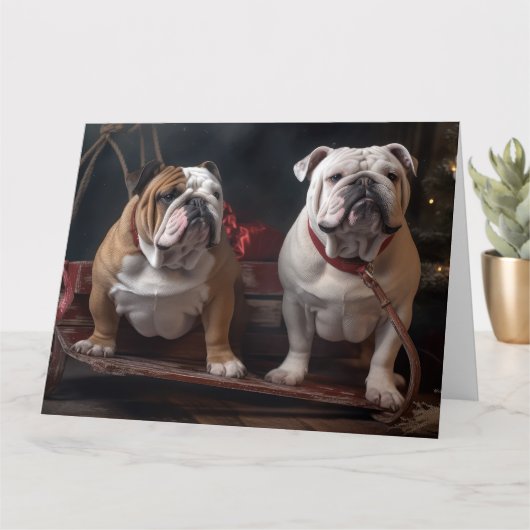 Bulldog Snowy Sleigh Kerst Decor Kaart (Kleine Plant)