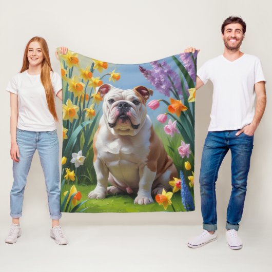 Bulldog Spring Bloemen Schilderen Fleece Deken (In situ)