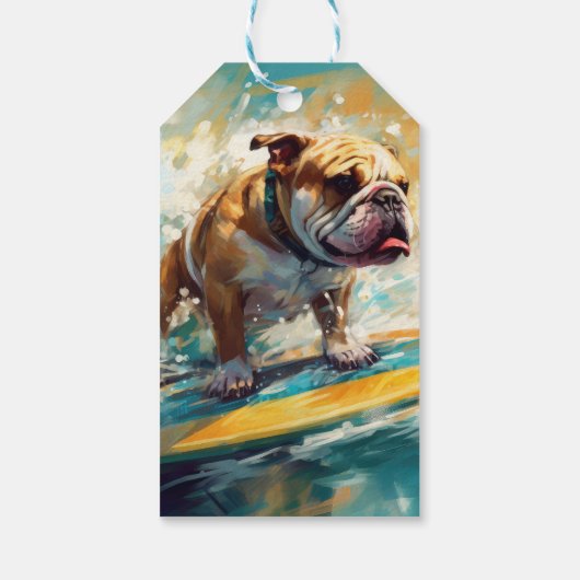 Bulldog strand surfen schilderij cadeaulabel (Achterkant)
