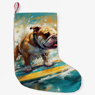 Bulldog strand surfen schilderij kleine kerstsok