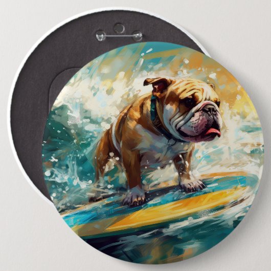Bulldog strand surfen schilderij ronde button 6,0 cm (Voorkant /achterkant)