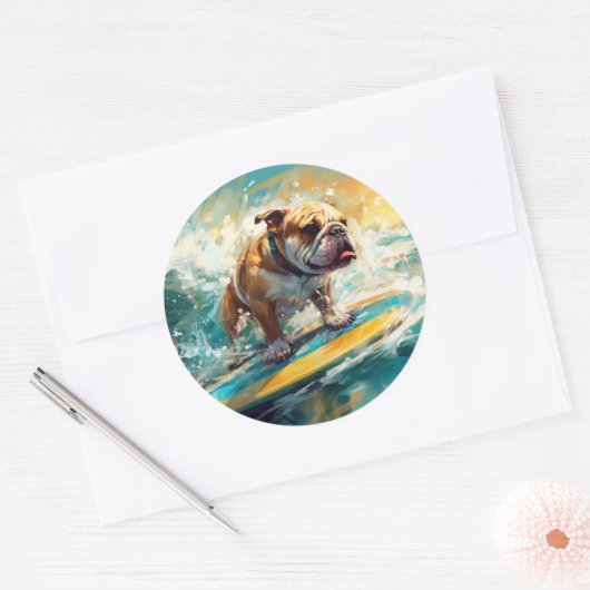 Bulldog strand surfen schilderij ronde sticker (Envelop)