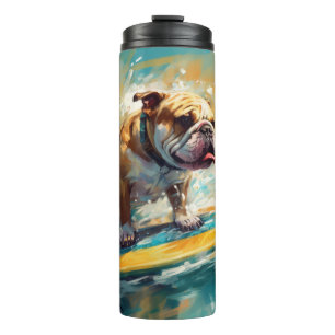 Bulldog strand surfen schilderij thermosbeker