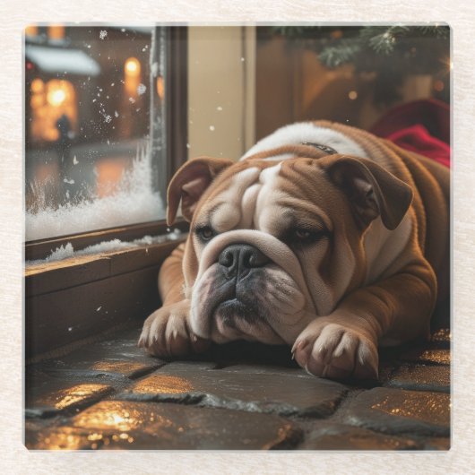 Bulldog with Christmas Lights Holiday Glazen Onderzetter (Voorkant)