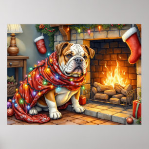 Bulldog zit naast open haard met kerstverlichting poster