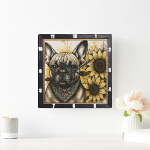 Bulldog Zonnebloem Graphic Vierkante Klok