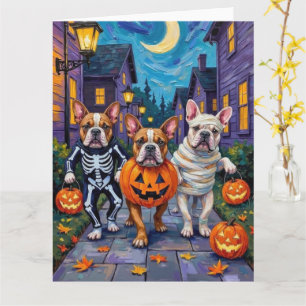 Bulldogs gaan langs de deuren in Halloween-kostuum Kaart