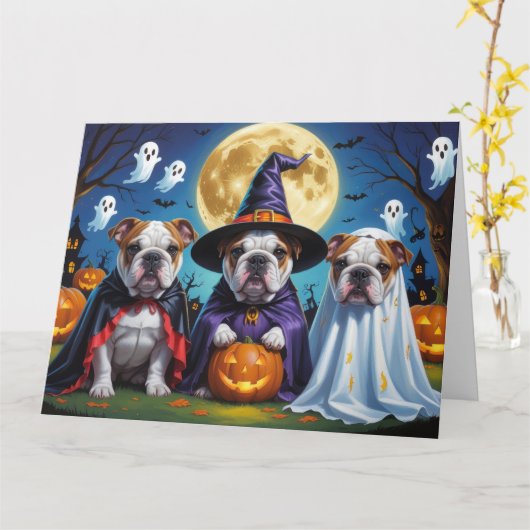 Bulldogs Pumpkin Halloween Grappig Kaart (Gele Bloem)
