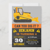 Bulldozer Construction Birthday Party Invitation Kaart (Voorkant)