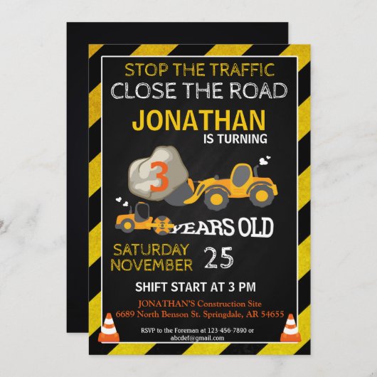 BULLDOZER CONSTRUCTION PARTI INVITATION (Devant / Derrière)