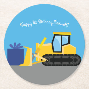 Bulldozer Cute 1st Birthday Party Construction Ronde Kartonnen Onderzetter