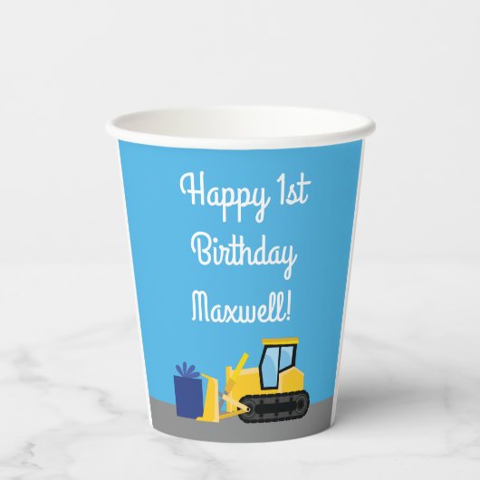 Bulldozer Schattige 1e Verjaardagsfeestje Kind Papieren Bekers (Achterkant)